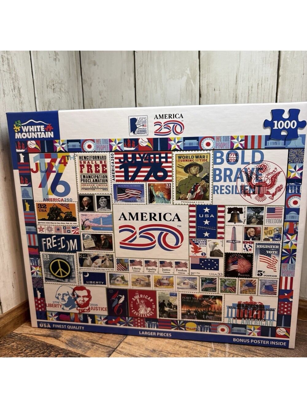 COMPLETE White Mountain Postage Stamp Collage Puzzle 1000 Pieces America 250 NEW